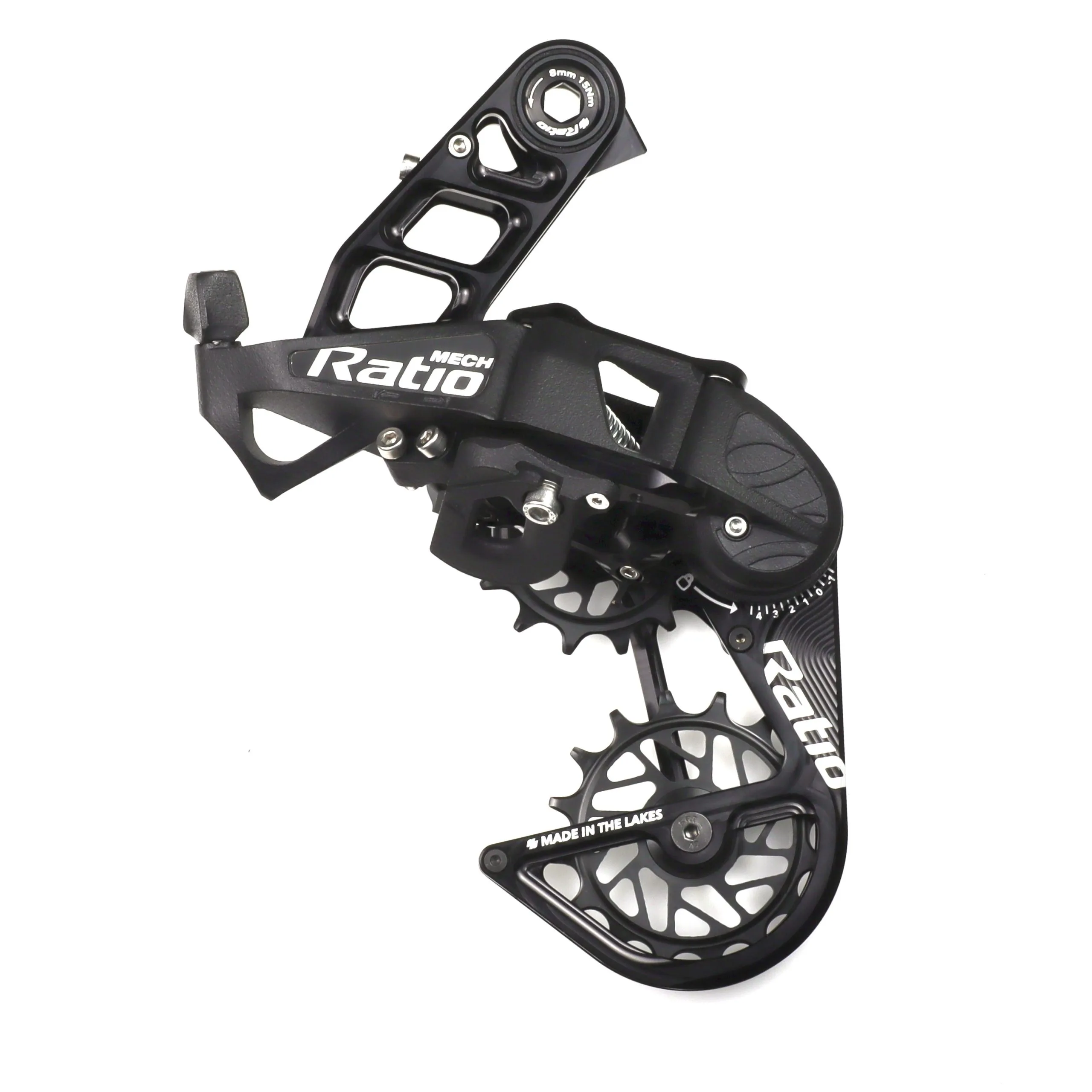 A bike derailleur from Ratio Technology on a white background.